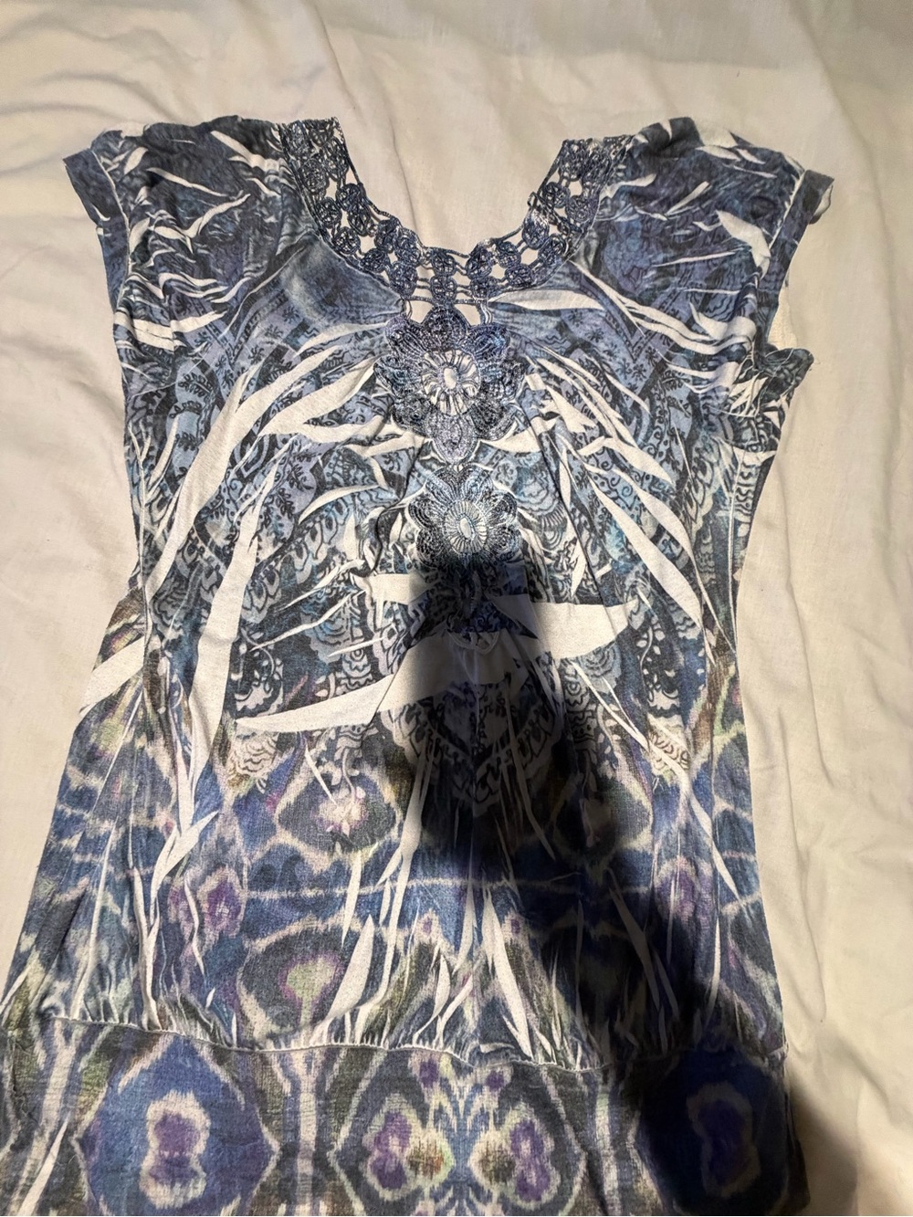 Embellished Blue Printed Cap-Sleeve Tunic Top